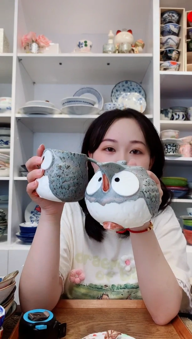 陶瓷哎****熊【三支】粗陶猫头鹰茶壶茶杯马克杯