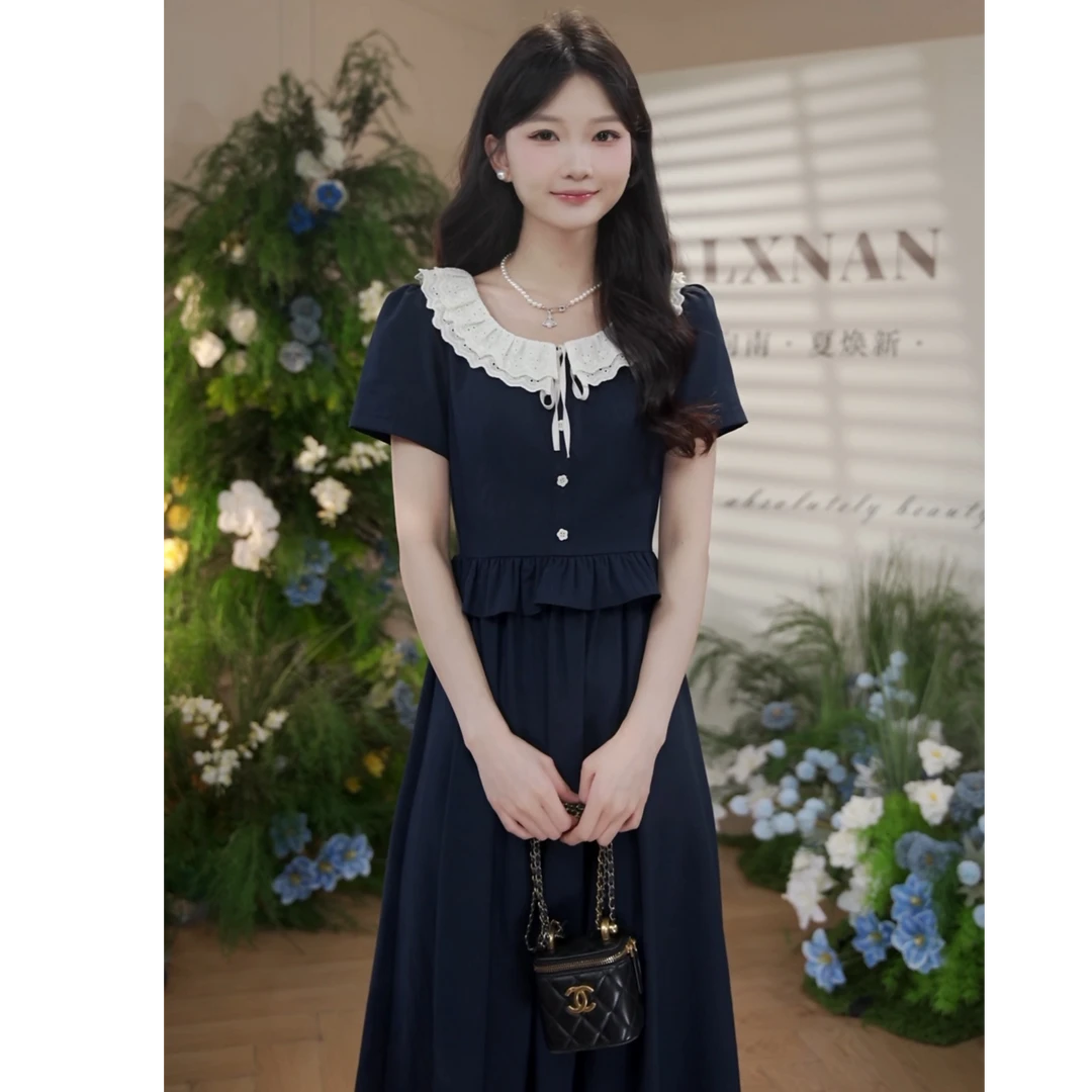 鹿向南「假日香颂」法式设计感假两件长裙女夏季新款显瘦收腰连衣裙