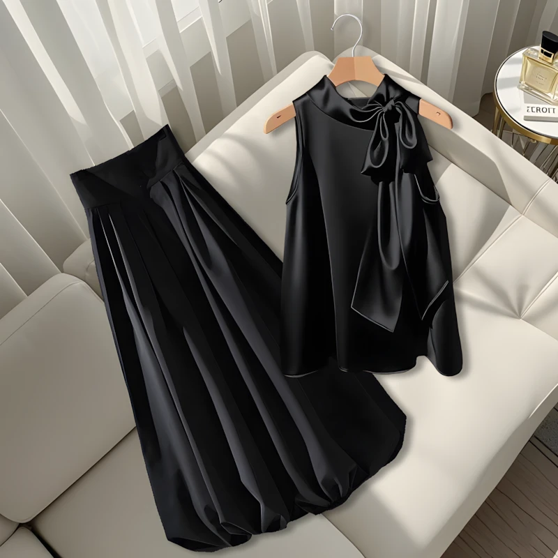 夏季爆款法式轻熟挂脖蝴蝶结设计感上衣小衫赫本花苞半身裙套装女