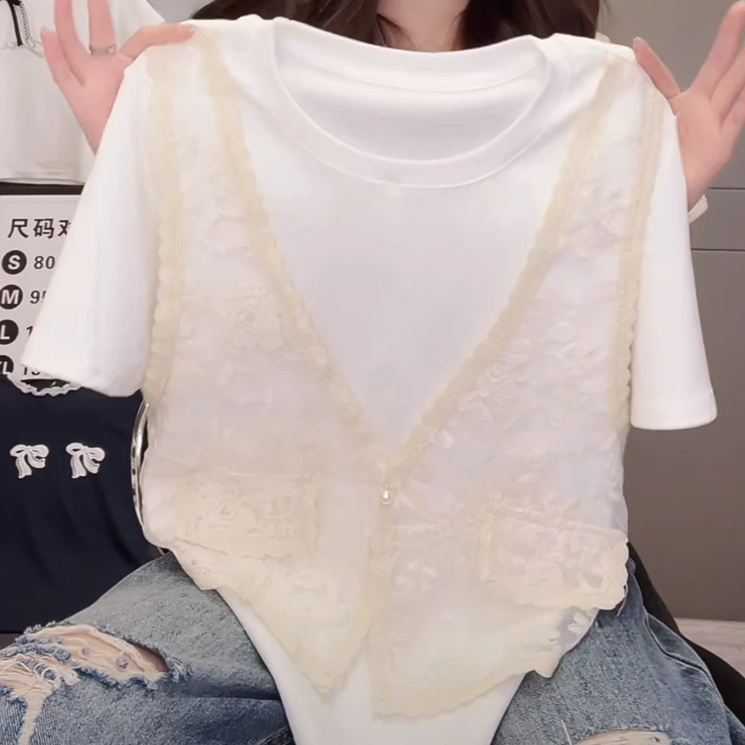 设计感蕾丝刺绣拼接假两件时尚T恤女2025新款夏季显瘦短袖上衣