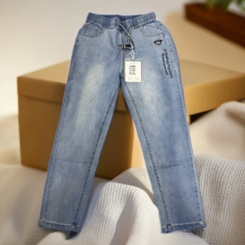 5820#【裤长88】松紧腰夏季薄款大码九分牛仔裤宽松显瘦弹力哈伦裤