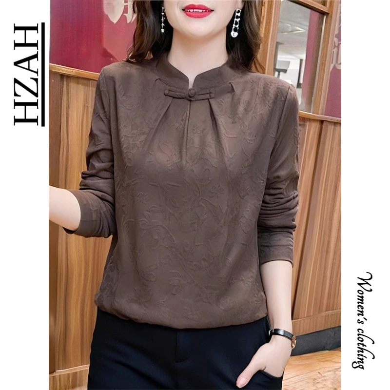 HZAH官方秋季新款时尚提花立领长袖小衫气质女士宽松显瘦套头上衣
