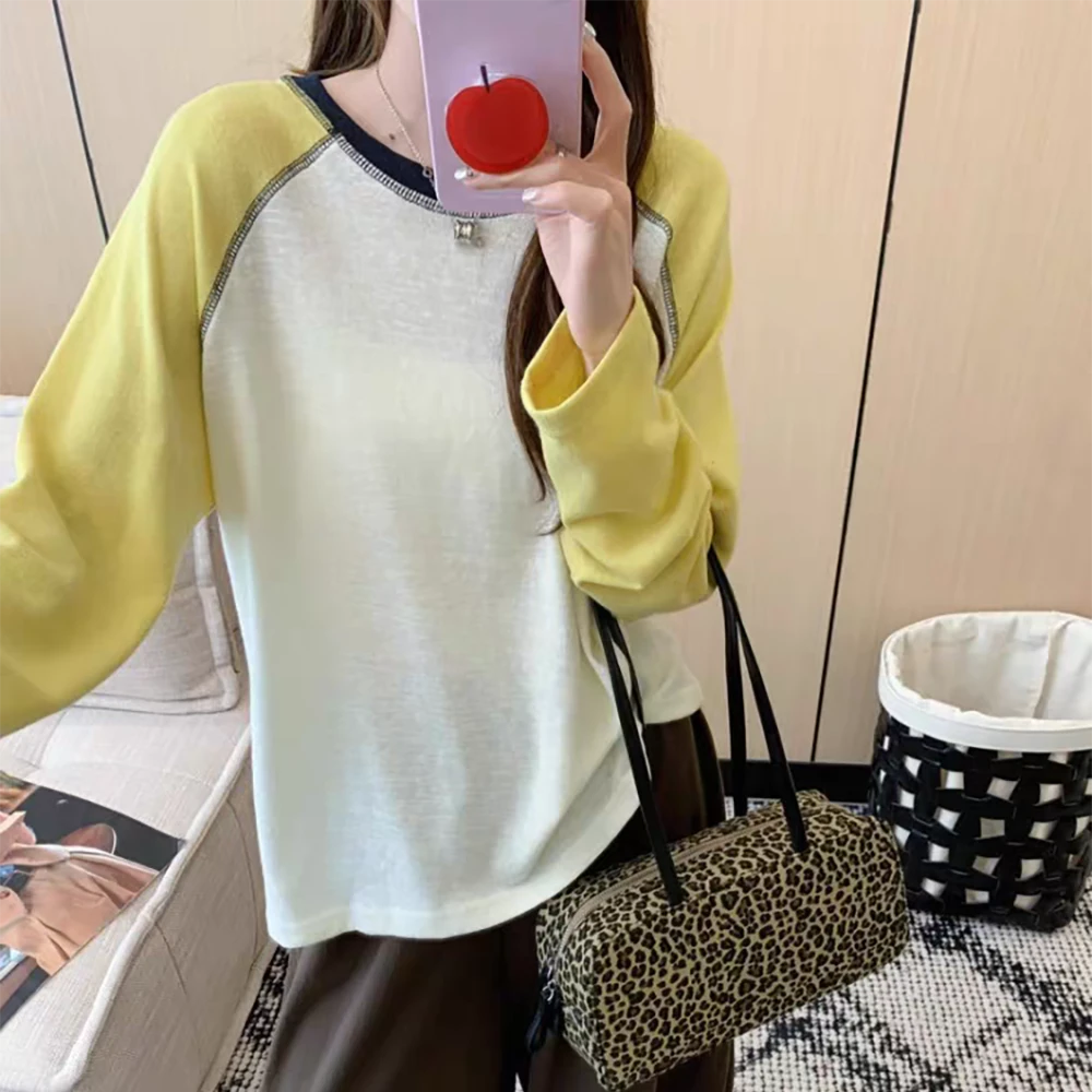 时尚百搭宽松打底上衣2025秋季胖mm休闲慵懒风撞色插肩长袖T恤女