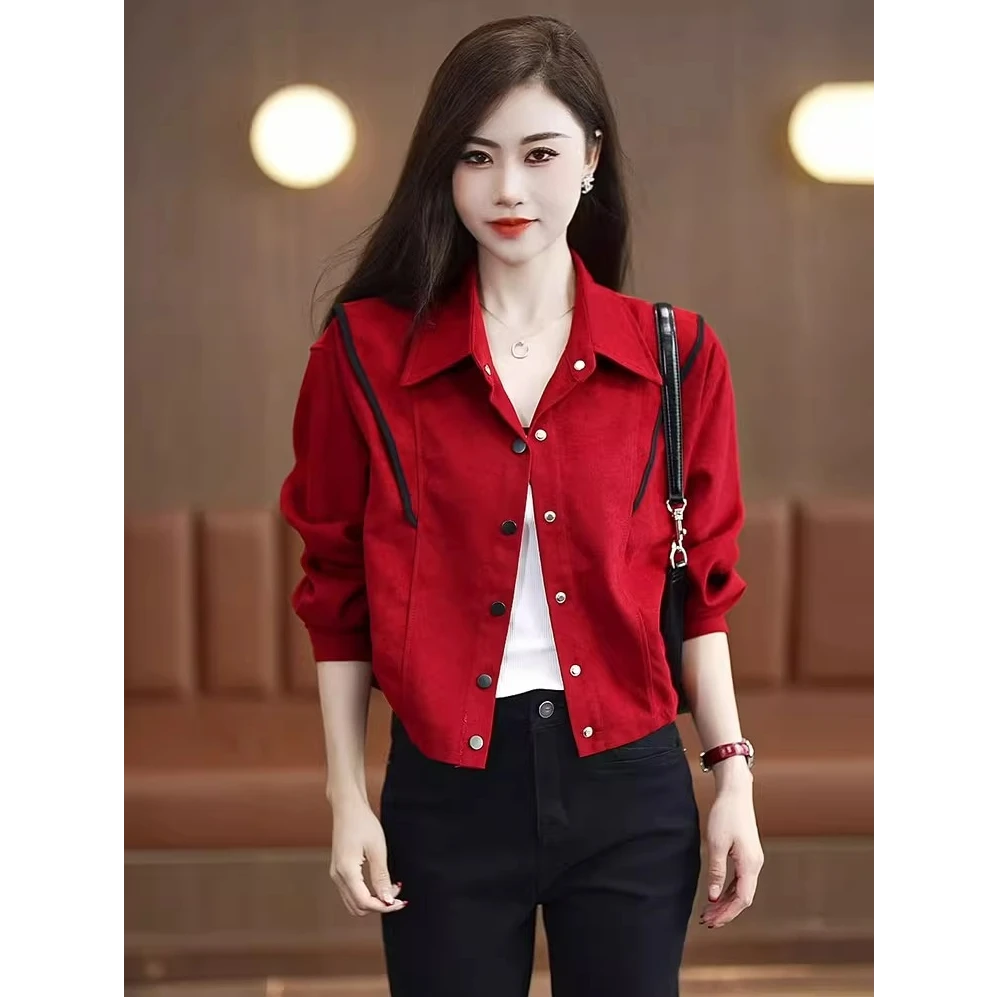 红色外套女春秋2025新款小个子短款夹克上衣春季女士宽松休闲外衣