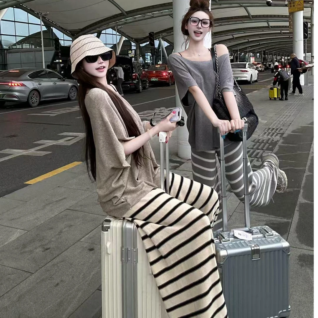 夏季镂空舒适遛弯裤条纹针织宽松阔腿裤垂感懒人拖地休闲裤套装女