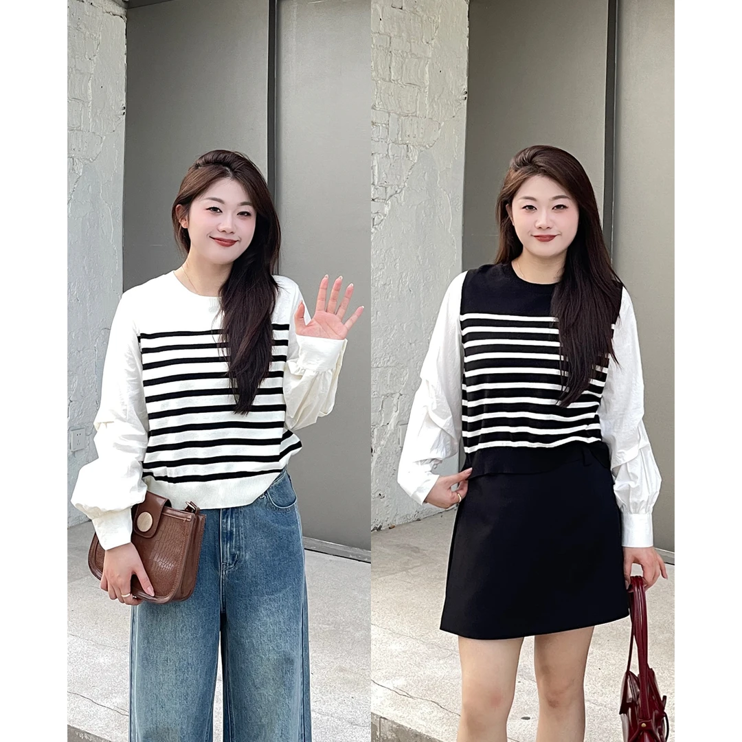 裂渡宣宣【灵感条纹】微胖大码女秋假两件显瘦拼接针织衫ZY507A26