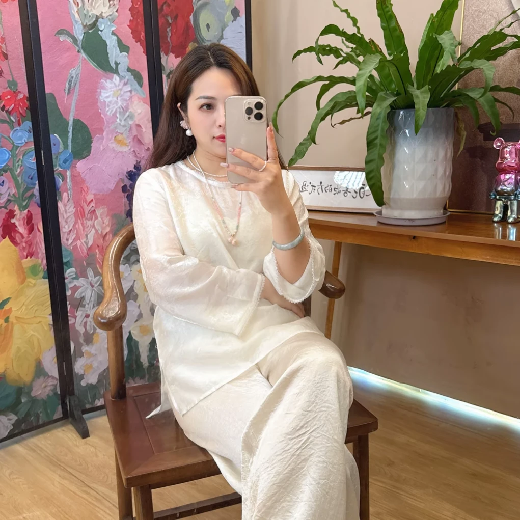 提花衬衫秋夏女打底圆领薄款女士吸汗新中式中国风气质长款宽松