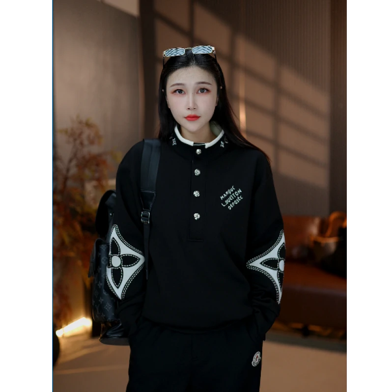 【麦森森专属】L驴2025秋冬撞色复古卫衣四叶草立领宽肩百搭刺绣潮