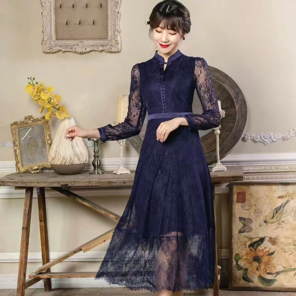 高档刺绣雷丝L7819连衣裙秋季高贵轻奢蕾丝春夏宴会名媛新中式