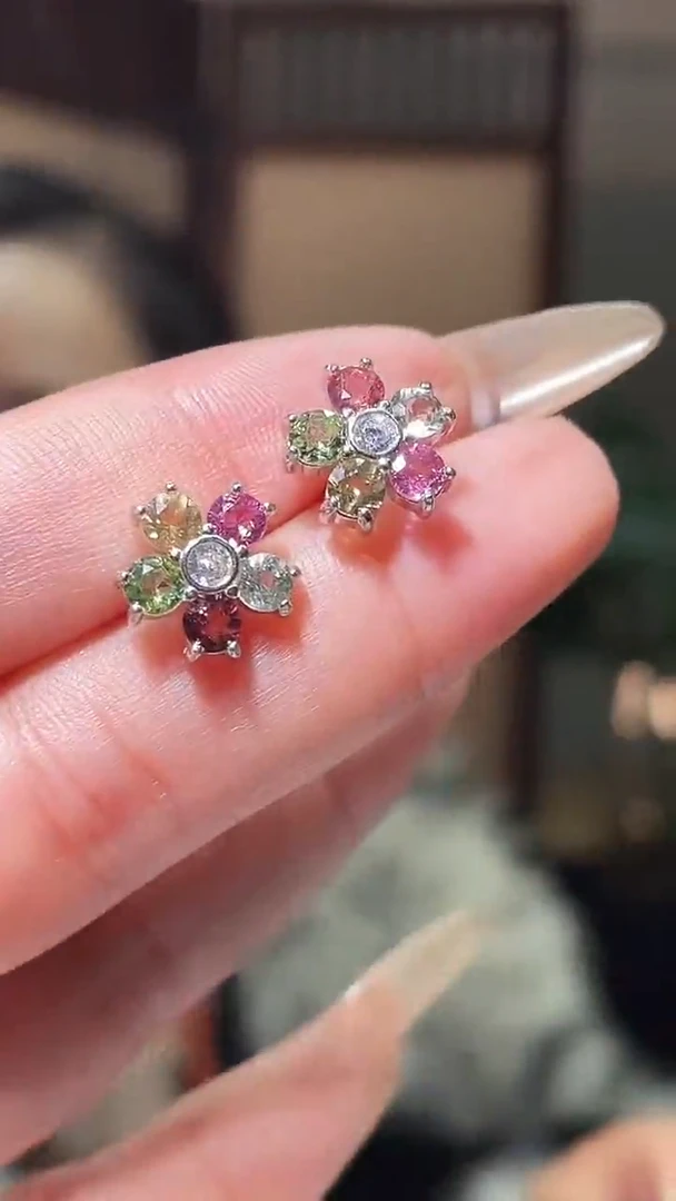 银S925镶嵌耳饰碧玺彩色