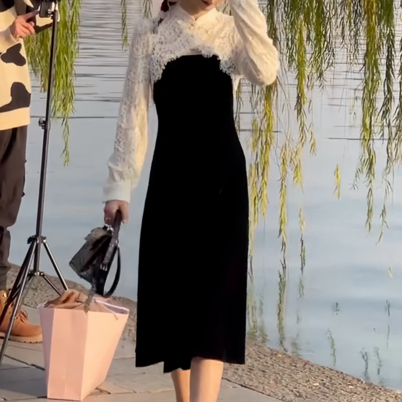 气质显瘦早秋连衣裙子女惊艳时尚高级感拼接蕾丝法式复古黑色裙子