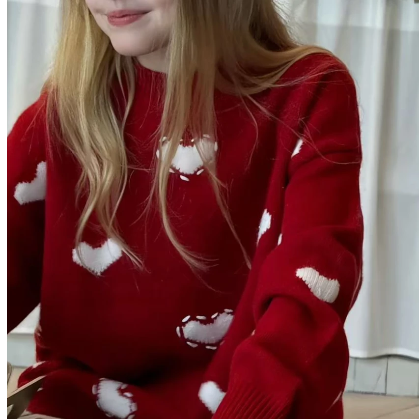 【100%羊毛】新爱心 儿童羊毛衫女童针织衫加厚红色新年款韩版打底