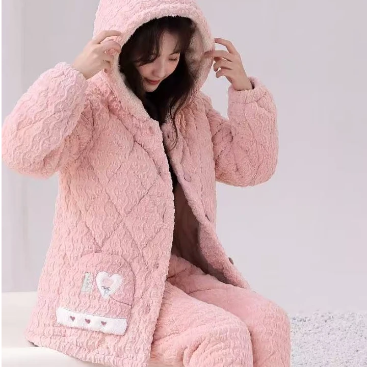 冬天家居服加厚女士甜美口袋爱心减龄睡衣连帽套装2518