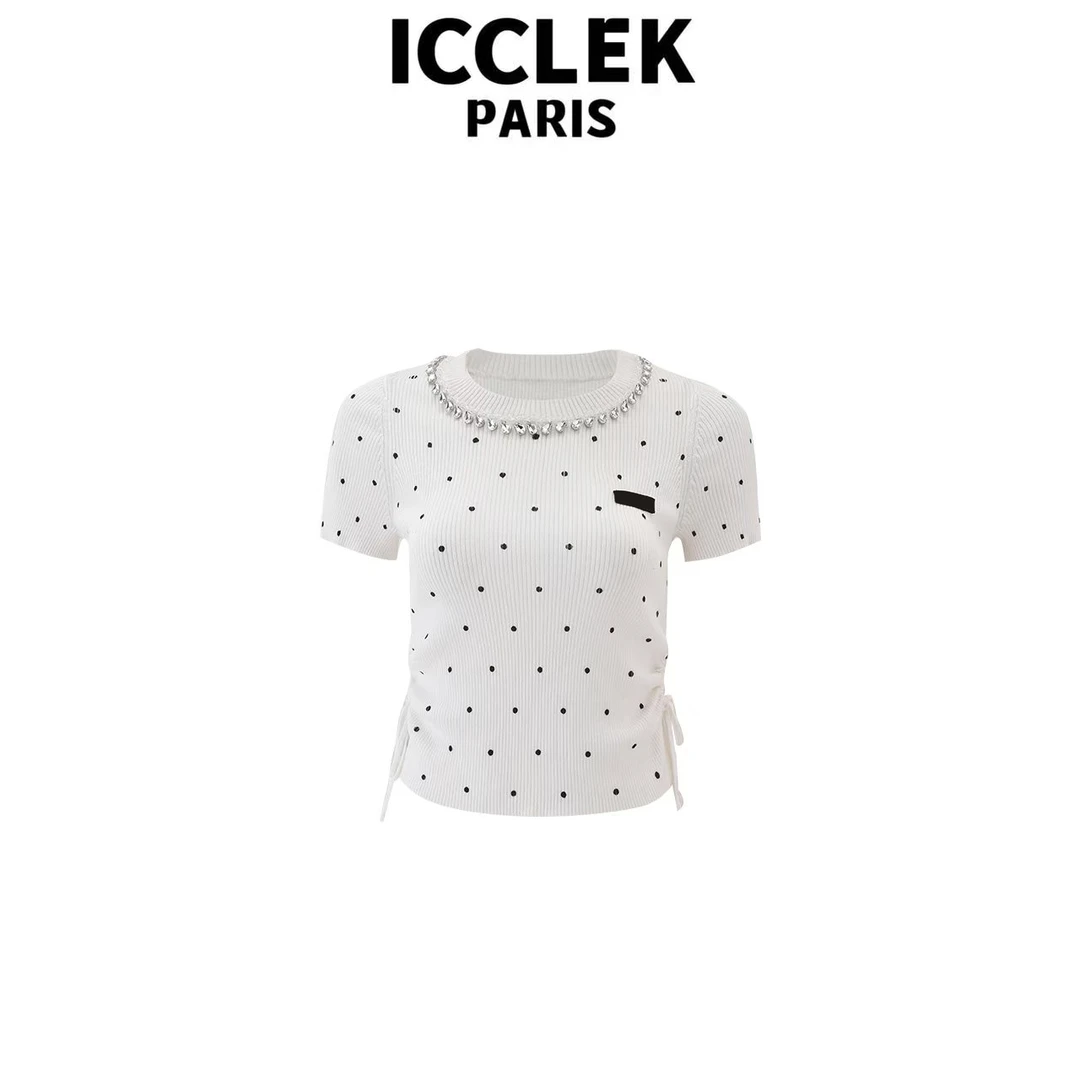 ICCLEK 白色圆领钉珠波点抽绳短袖针织衫休闲百搭修身显瘦 -5707