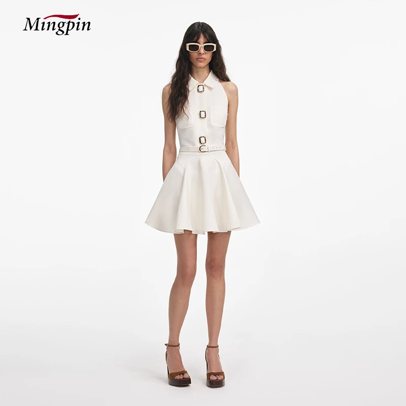 短款连衣裙女时尚优雅衬衫领修腰显瘦性感露肩舒适凉爽伞型挂脖裙