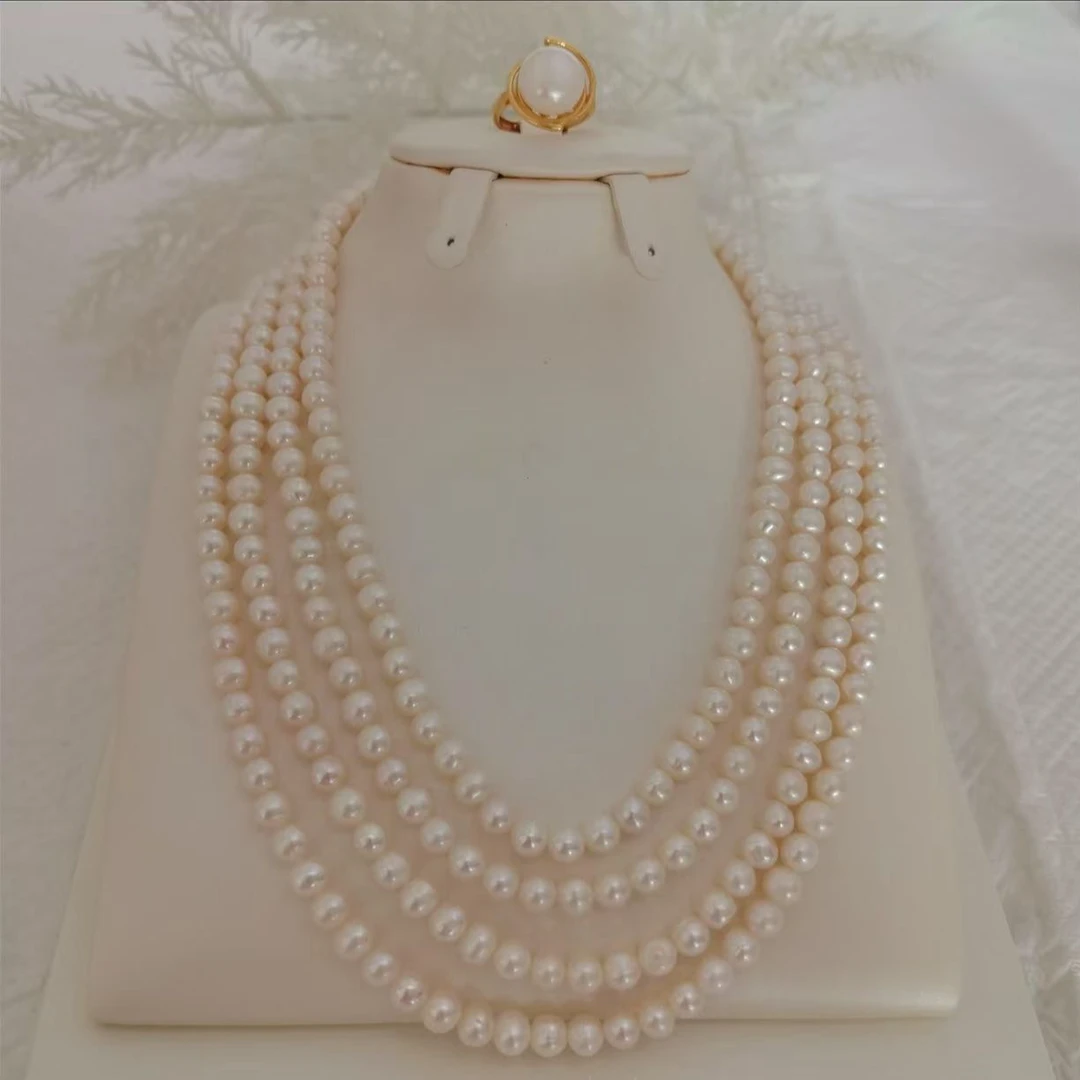 6-7mm天然淡水珍珠4层项链纯天然珍珠耳环戒指复古风格款式