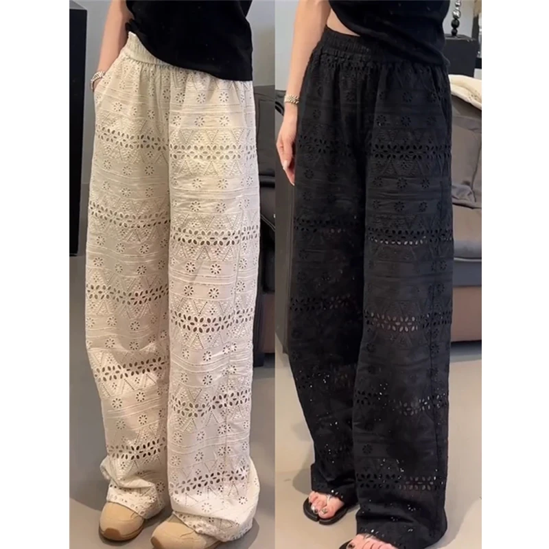 大码夏季薄款高腰蕾丝镂空拖地阔腿裤女胖mm宽松显瘦休闲直筒裤子