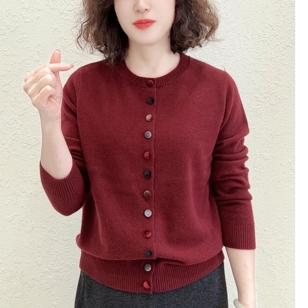 【100%纯羊毛】丝绒彩扣开衫秋冬（24622）保暖针织女士高档羊毛衫