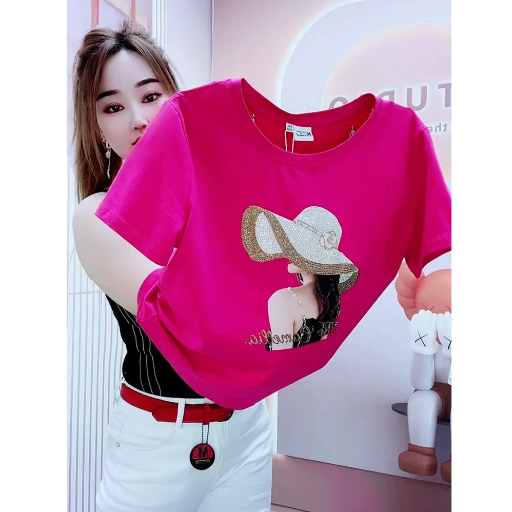 2025夏季新款重工烫钻女人头像纯棉短袖t恤女显瘦减龄百搭上衣女