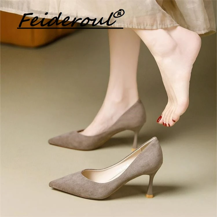 Feideroul法式卡其高跟细跟浅口尖头职业上班气质绒面不累脚单鞋