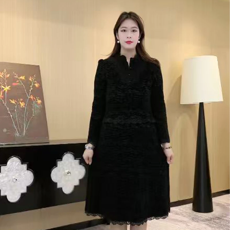 薇姐大码女装新款冬季气质显瘦蕾丝加绒假两件连衣裙ZB5533