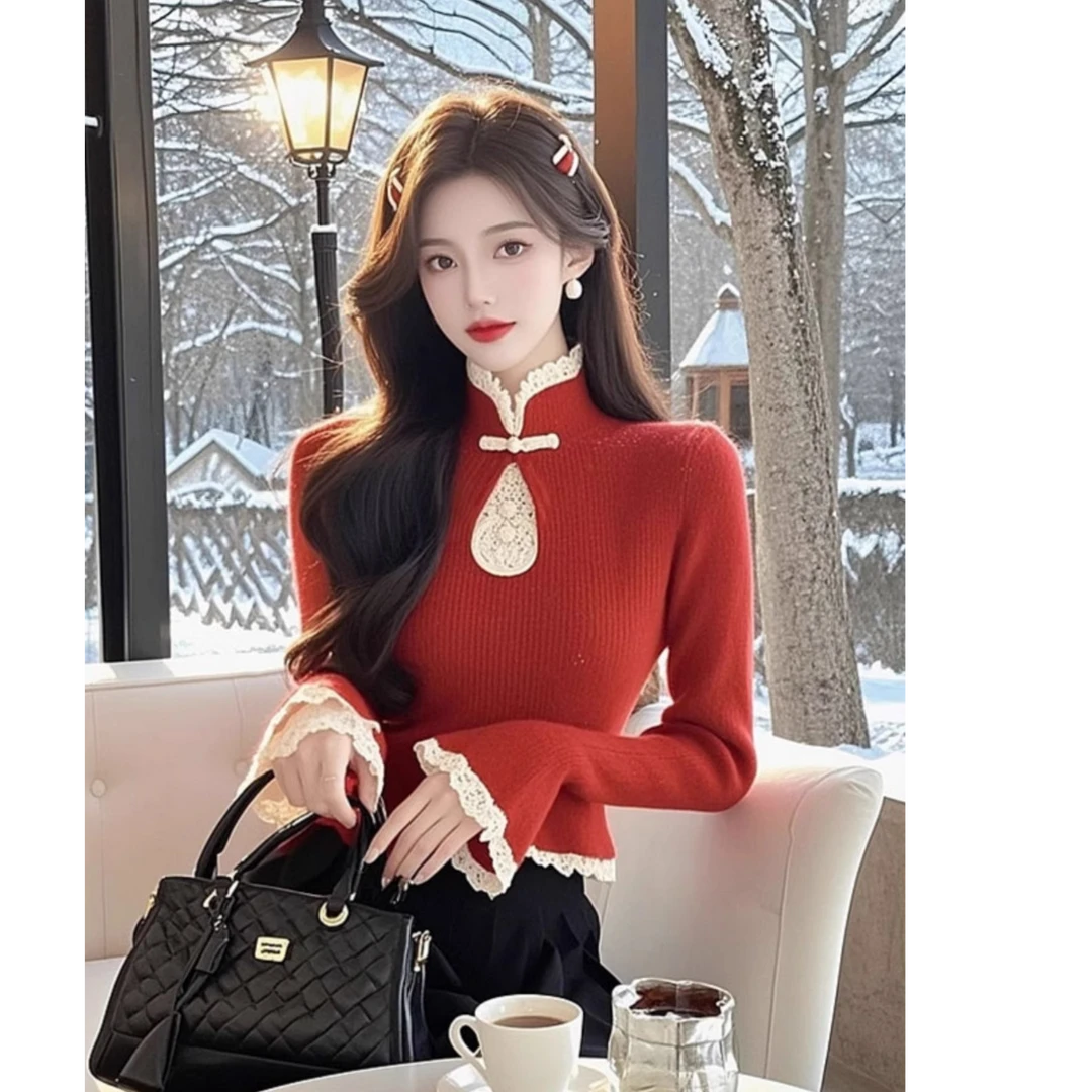 新中式轻国风盘口红色半高领毛衣打底衫女内搭秋冬针织衫蕾丝上衣