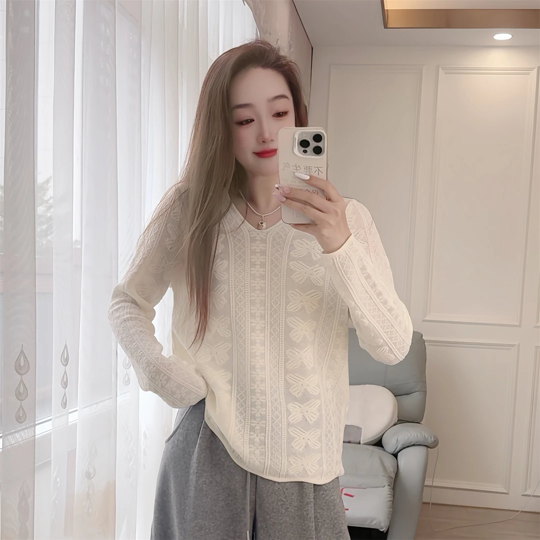 2501现货春秋针织衫宽松女装V领休闲长袖百搭时尚纯色韩版慵懒风