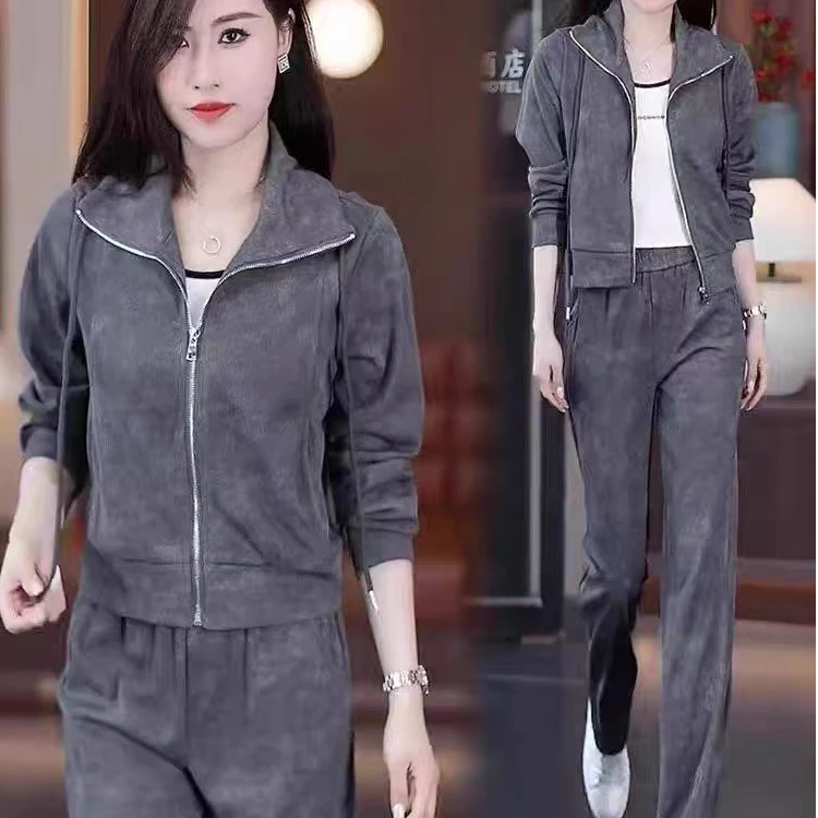 8602款休闲运动套装洋气质宽松开衫连帽外套显瘦阔腿裤两件套