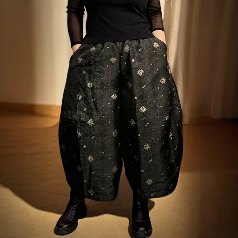 9080【潮妈家】大码宽松复古休闲棉裤提花国风高腰无弹冬款棉裤