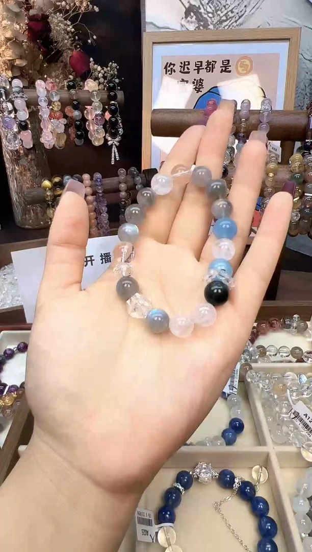 【闪购商品】长石手链未镶嵌天然灰月光手串+海蓝宝