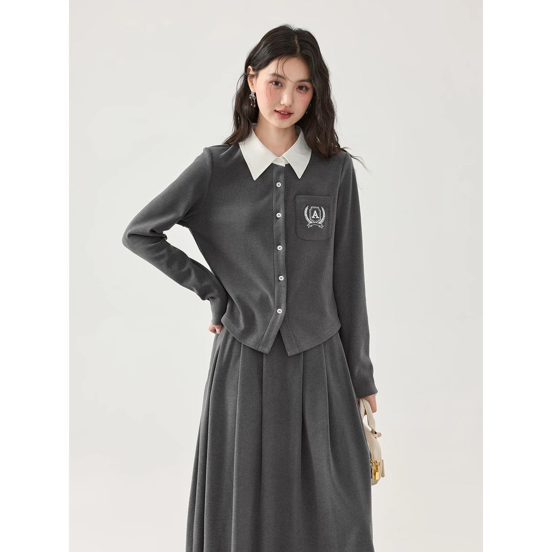 爱蔷薇大码秋装女时尚套装长袖衬衫搭半身裙两件套裙装GT74265