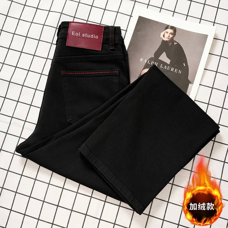 实拍EOL秋冬新款窄版阔腿黑牛复古加绒直筒高腰弹力女牛仔裤7007