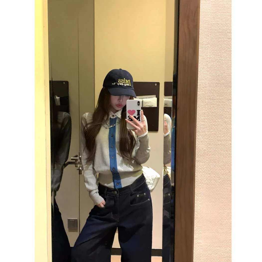 复古假两件拼接刺绣毛针织衫毛衣女显瘦上衣秋#Y425