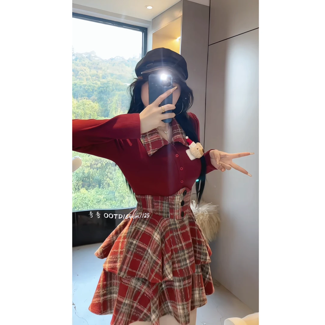 【冬眠小熊】7606微胖mm秋冬纯欲针织衫圣诞节上衣打底衫高腰短裙