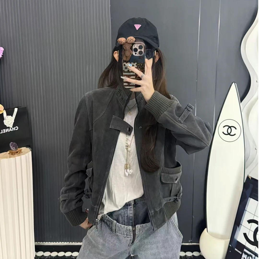 【甜酷美式】新款洋气设计师款女装气质绵羊皮显瘦休闲皮衣__99255Y