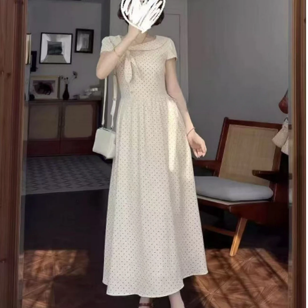 大码胖mm法式波点蝴蝶结连衣裙女夏季新款遮肉显瘦气质a字长裙子