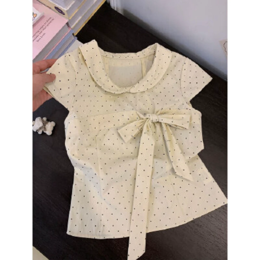 蝴蝶结波点短袖衬衫女夏季新款娃娃领衬衣小衫学院风修身显瘦上衣
