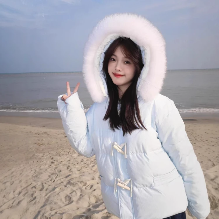 氛围感韩系牛角扣棉服女冬季2025新款加厚大毛领棉衣棉袄宽松外套