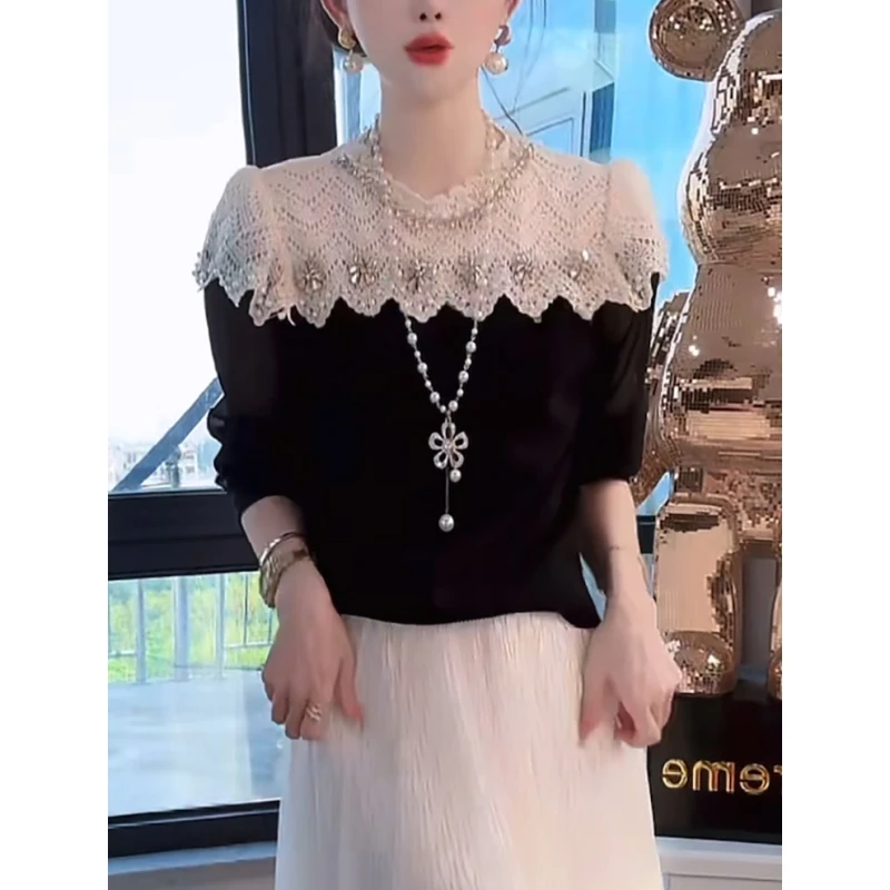 蕾丝镂空小香风针织衫女秋季欧货毛衣2025新款高级感重工钉珠上衣