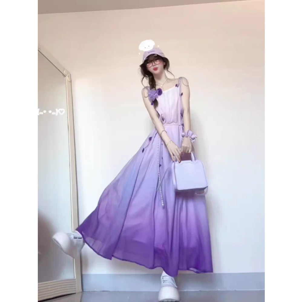 紫色渐变立体花朵装饰吊带连衣裙海边度假风气质长裙