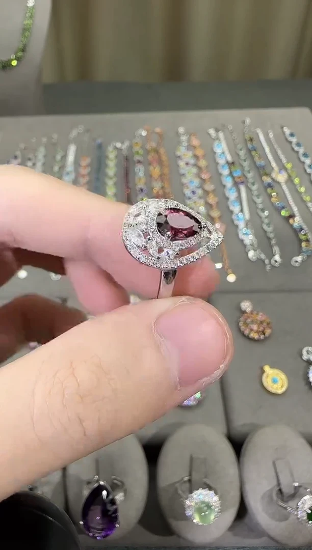 银S925镶嵌戒指石榴石9*7mm戒指水滴款