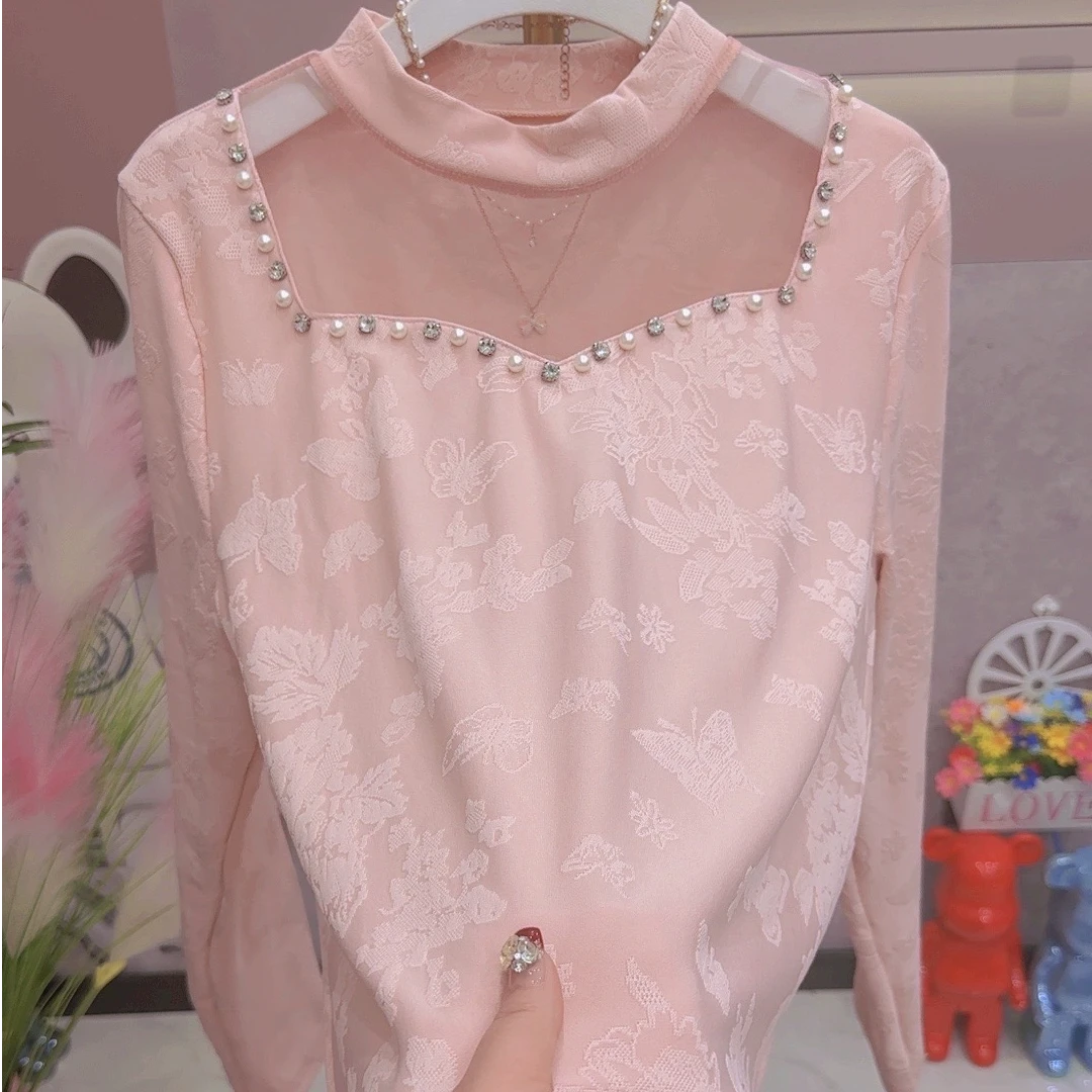 冬季新款2306提花拉绒重工网纱钉钻大码上衣百搭时尚款