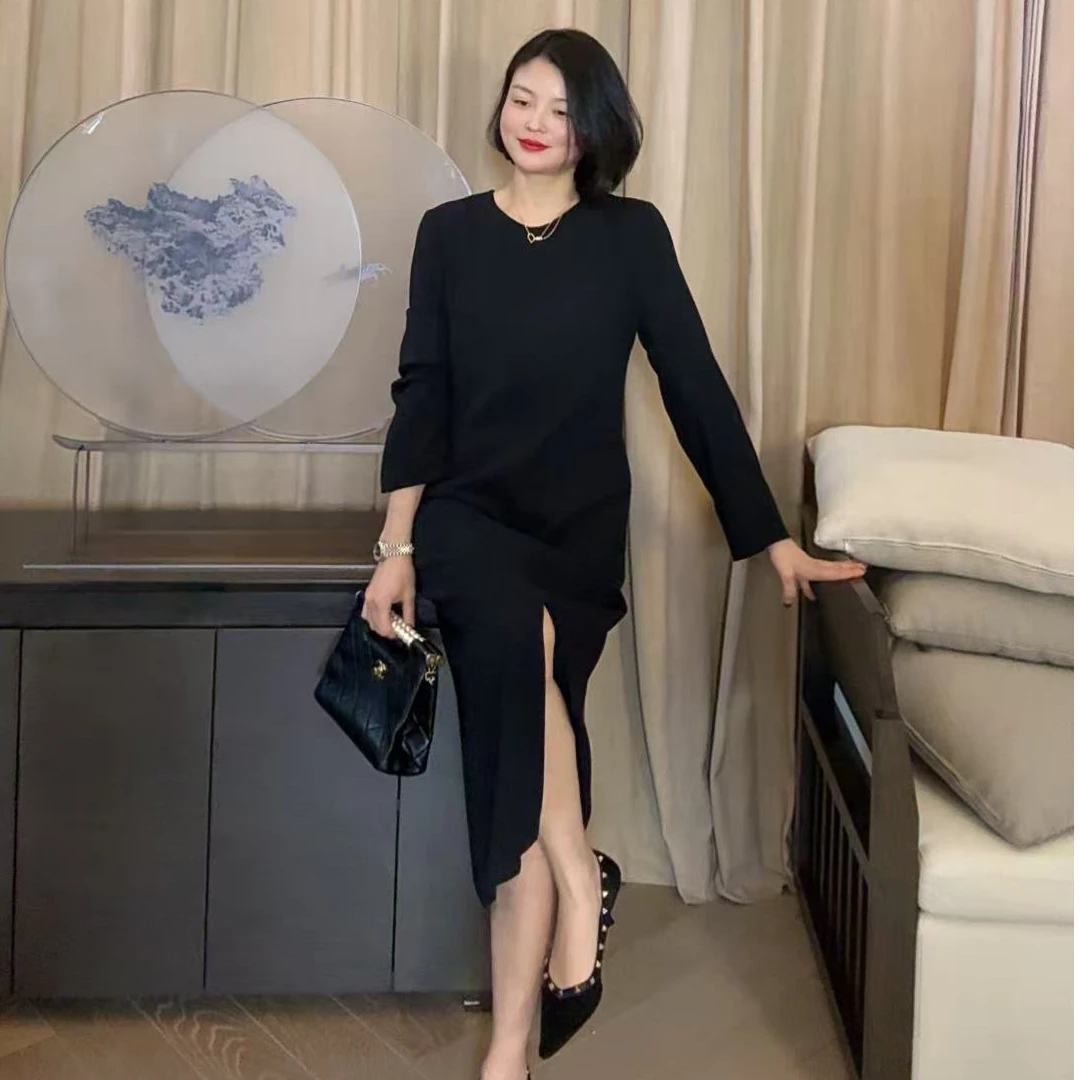 TANTAN 百搭显瘦气质开叉长袖连衣裙LL 2487