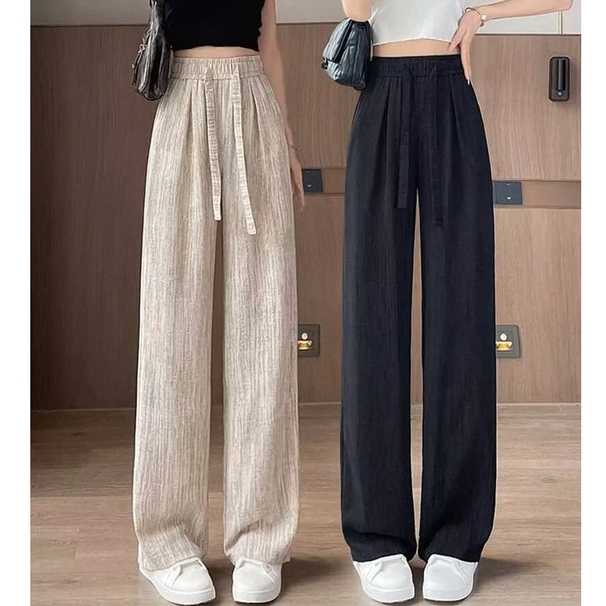 胖mm冰丝阔腿裤女夏季2025新款高腰抽绳肌理感慵懒休闲拖地裤子