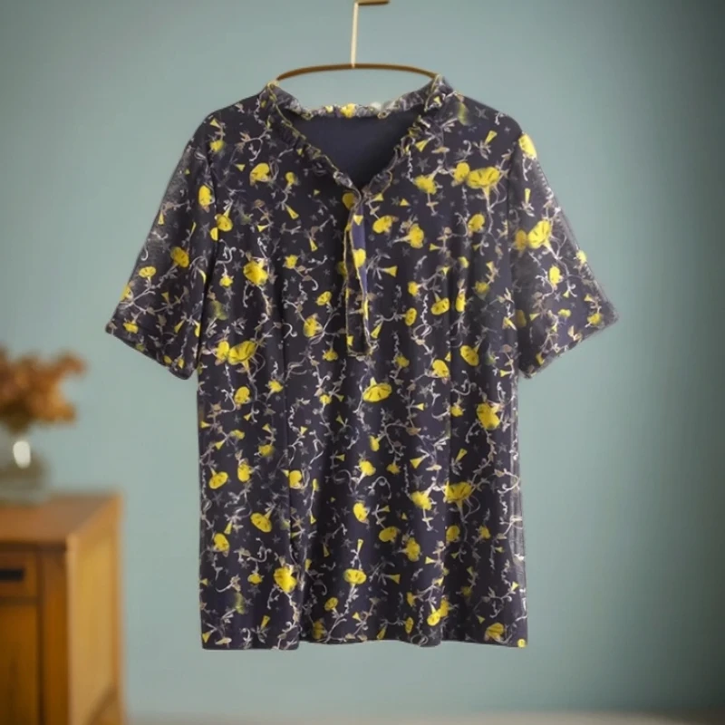 胖太太大码女装夏季新款韩版木耳边V领碎花衬衫上衣潮824201110