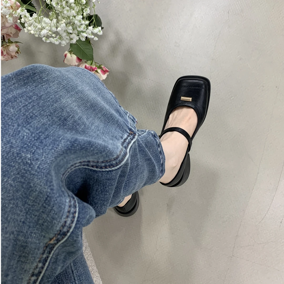 粗跟法式银色玛丽珍鞋2025春季新款韩版小皮鞋一字扣带方头单鞋女