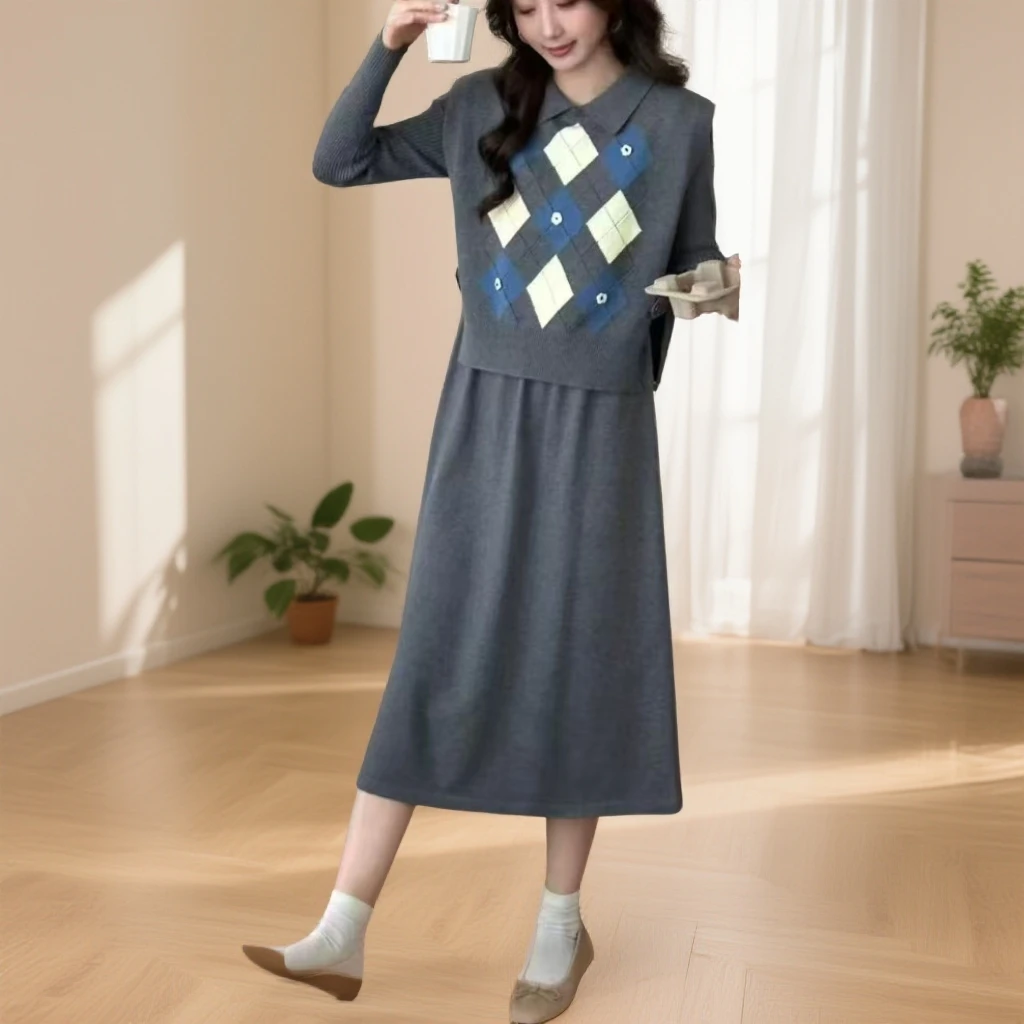 9022#灰【木兮兮专属】2025年秋季显瘦时尚气质百搭针织长款连衣裙