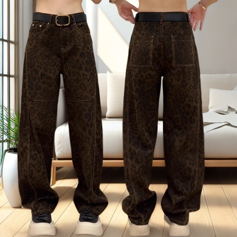 大码美式复古豹纹牛仔裤女2025新款秋季宽松女装直筒胖mm显瘦裤子