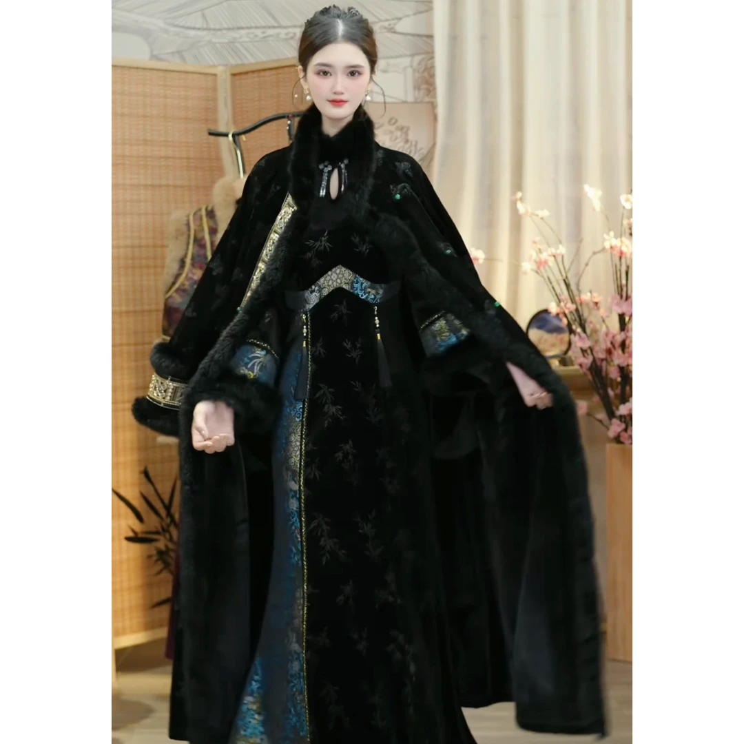 羽唐名2025冬季新款黑色民族风加绒复古日常女装旗袍套装（A058）
