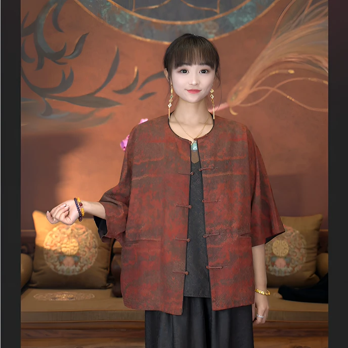 爱上莲心香云纱【红袖】故宫红绢提圆领对襟盘扣上衣 新中式老钱风